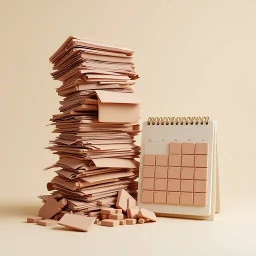 A clay desk piled with candidate files, with an empty clay calendar beside it.
