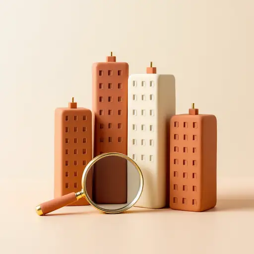 A clay magnifying glass over a row of small clay office buildings.