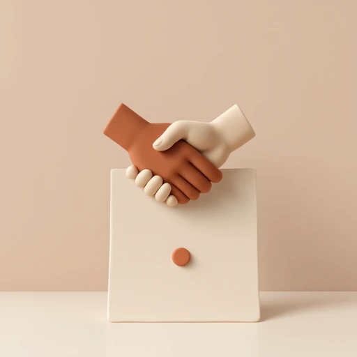 Two clay hands shaking over a signed clay contract.