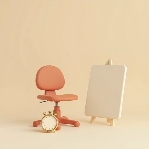 An empty clay office chair beside a blank clay sign and a brass clock.